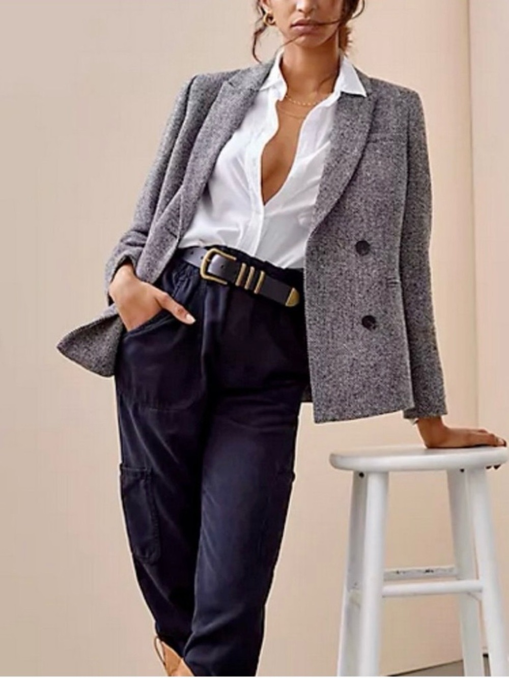 Anthropologie Mare Mare Tweed Blazer M Gray Black Double Breast Textured Jacket